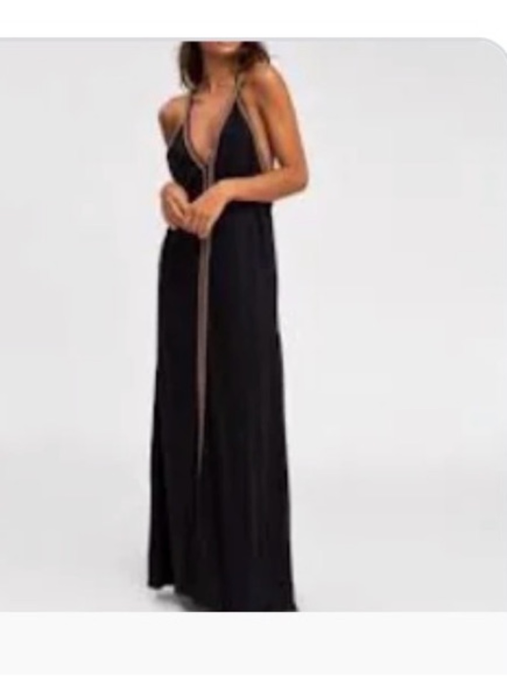 Pitusa Black Pima Cotton Sundress Maxi Dress Coverup Inca Trim V-Neck small